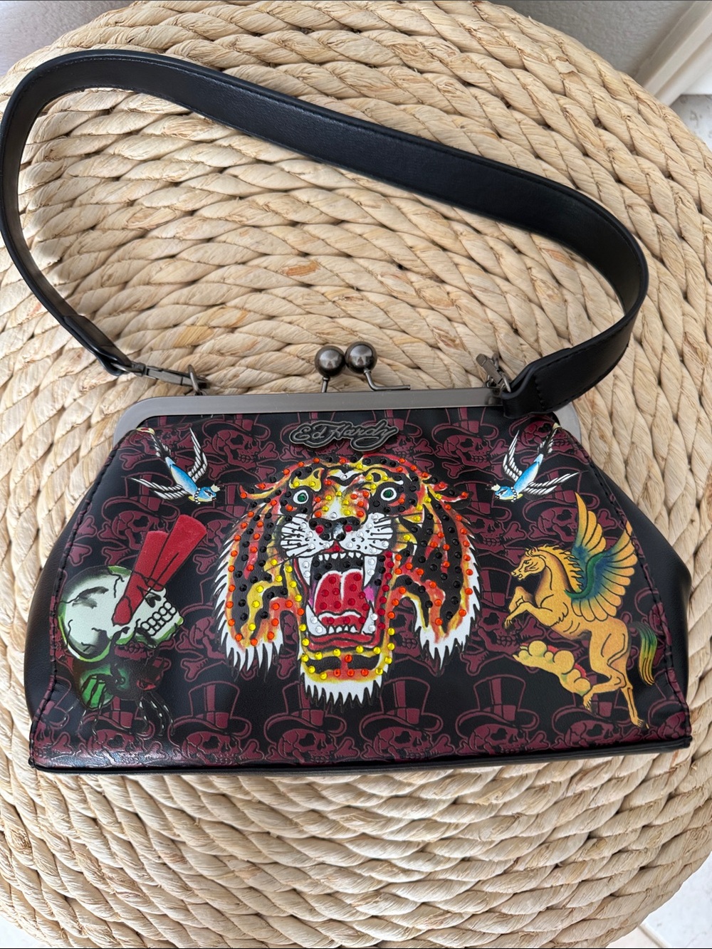 Ed Hardy Black Multicolor Tiger Kiss-Lock Shoulder Bag